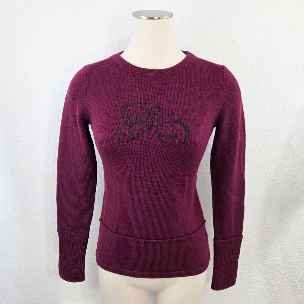 Ibex wool sweater burgundy dark red floral flourish crew neck women's size XS